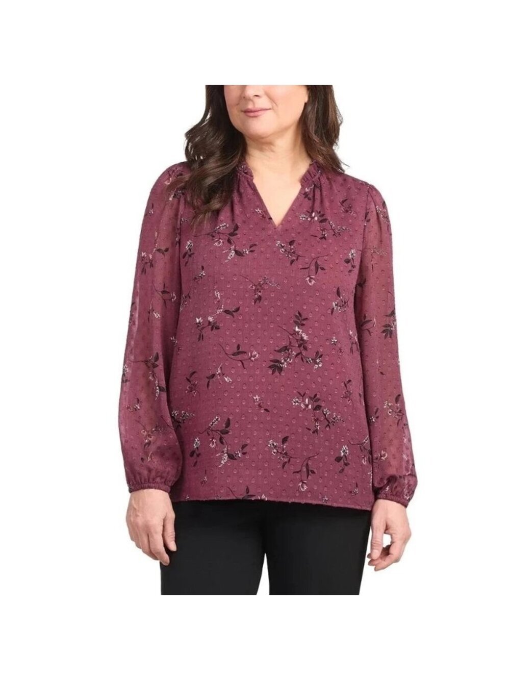 NWT Hilary Radley Women's L Floral V-Neck Long-Sleeve Blouse Burgundy J2043